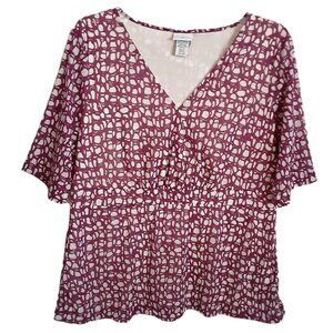 Jaclyn Smith Woman's Blouse XL Pullover, Lined Purple/White Shor Sleeve V-Neck